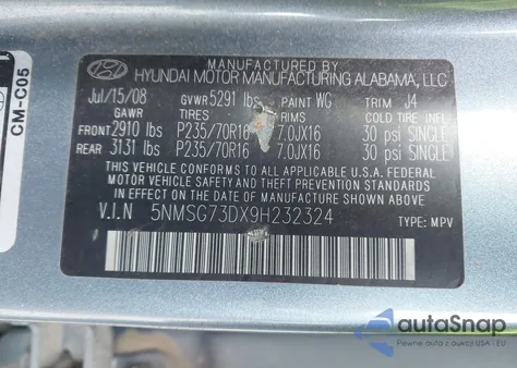 2009 Hyundai Santa Fe Gls из США, поврежденный, VIN 5NMSG73DX9H232324